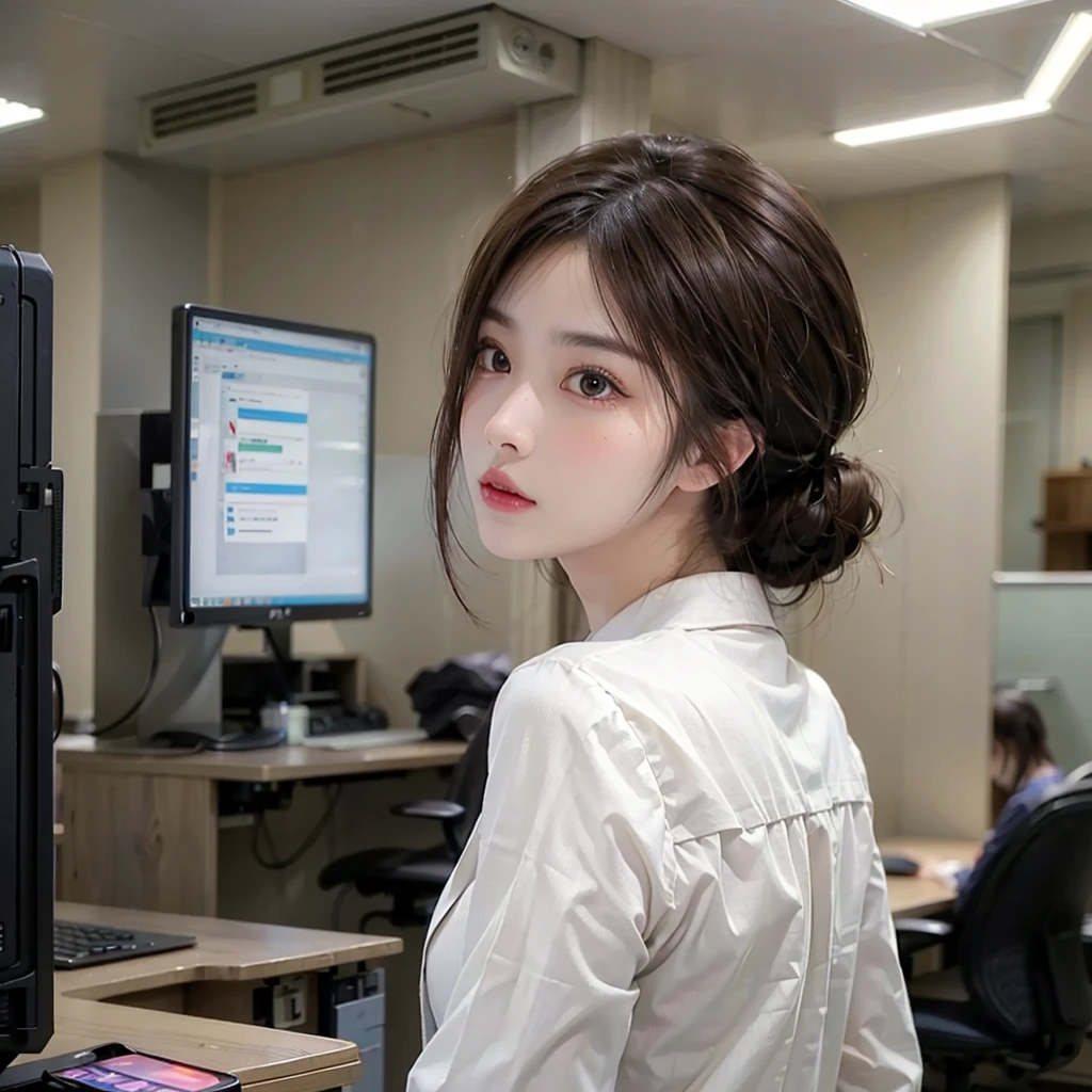((top quality, 8K, masterpiece: 1.3)), 1 woman, Cyberpunk Japanese Adult Female, Naomi Sasaki, office attire, employee, detailed eyes, Detailed nose, Detailed lips, brown hair, upper body, ass pov
