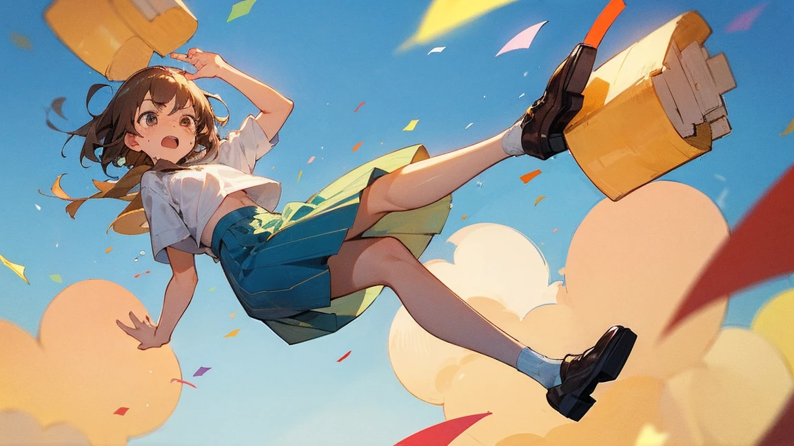 ((Highest quality)), ((masterpiece)), ((Very detailed)),Floatingする女の子,Angry expression，floating，Floating，Confetti，Brown Hair,tears,Levitating,Blue sky background,Feet in the air,tears,gravity,Long skirt,loafers,Raise both hands