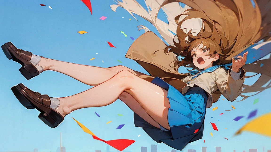 ((Highest quality)), ((masterpiece)), ((Very detailed)),Floatingする女の子,Angry expression，floating，Floating，Confetti，Brown Hair,tears,Levitating,Blue sky background,Feet in the air,tears,gravity,Long skirt,loafers,Raise both hands