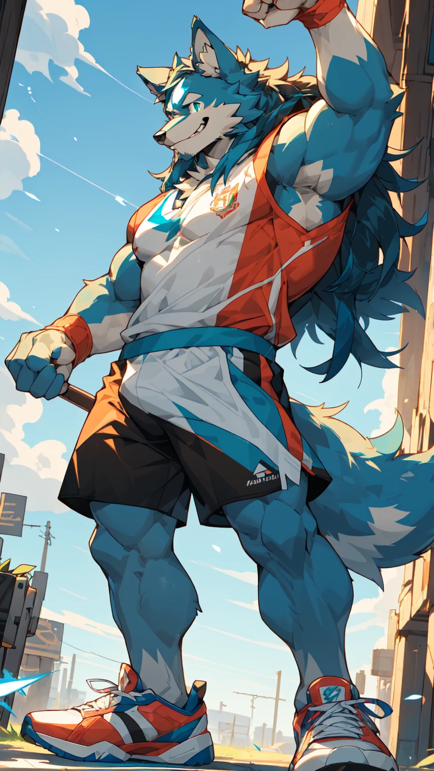 Sunlight,high resolution,4K,love,(((whole body))),masterpiece,high quality,Brave and bold,((Wolf)),male,((Strike a pose:1.5)),WolfFurry,(Middle-aged uncle),hairy,((charming,Smiling Face,Long hair)),((peaceful,Ease)),((Strong,tall and big:1.3,thin long ears:1.2,Well-proportioned limbs:1.3,Wolf尾巴:1.3,Meat pad)),(((Red and black sports shorts,Blue sneakers))),(((Green ears,Dark blue head,dark blue back,Dark blue limbs,White breast,White belly,Blue pupils))),charming脸庞,AttentiontoDetail,Detailed body,Detailed hands
