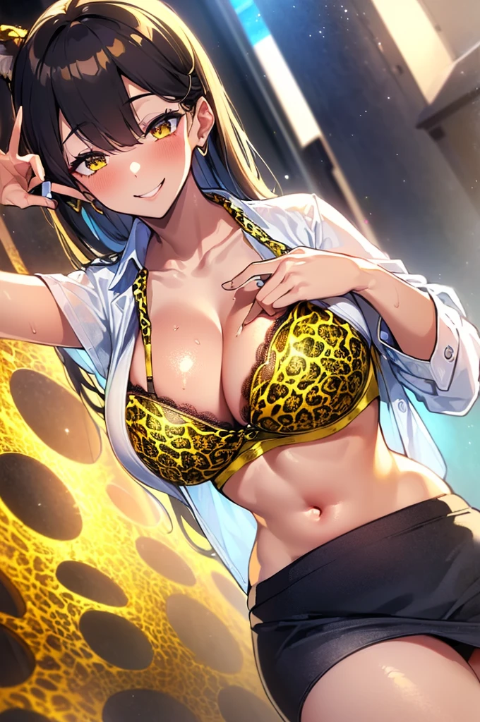 {masterpiece, distinct_image, extremely detailed CG, beautiful eyes and detailed face,realistic, photo realistic, 4k, 8k, high_resolution,perfect_finger, (beautiful_detailed_eyes:1.3), glitter, white_light, (glow_white_face, front_light:1.3), summer_light{1girl, face_focus,cowboy_shot, looking for_in_viewer, front_view, (From_Below:1.5), standing, hand_on_own_cheek, (piece sign pose:1.6) },{adult, (huge_breasts, wide_hip:1.3), navel, skinny_stomach,tight_gap, groin, (narrow_waist:1.2), skinny_stomach, (white_short_sleeve_Cropped_top_button_shirt, tied_the_ends_of_the_shirt, sky_blue_short_tennis_skirt, school_uniform, cleavage, (The_most_perfectly_hidden_yellow_leopard_print_bra_in_a_white shirt:1.7),(The_most_perfectly_hidden_yellow_leopard_print_panties_in_sky_blue_short_tennis_skirt), (tanning_skin, black_skin:1.6), pink_nails, gold earrings, black neck choke, white collar, golden bracelet :1.5),(yellow_hair, pink_eyes, long_hair, ponytail, slanted_eyes, bangs:1.4), (smiling face:1.3), sweat, Leave the background blank}