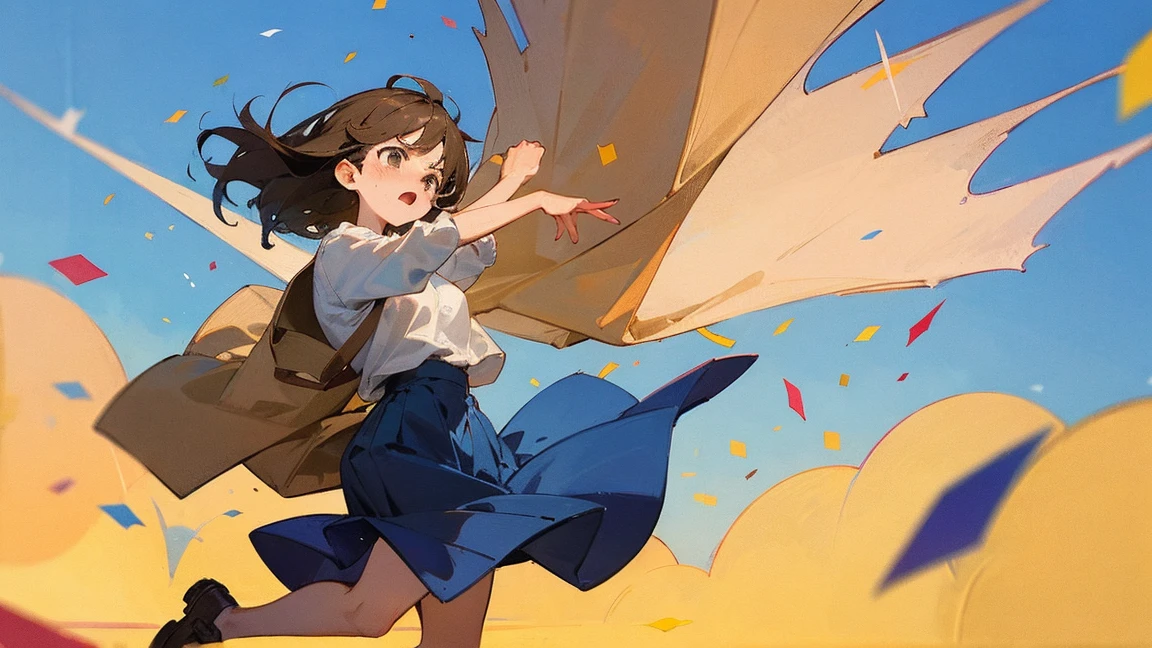 ((Highest quality)), ((masterpiece)), ((Very detailed)),Floatingする女の子,Angry expression，floating，Floating，Confetti，Brown Hair,tears,Levitating,Blue sky background,Feet in the air,tears,gravity,Long skirt,loafers,Raise both hands