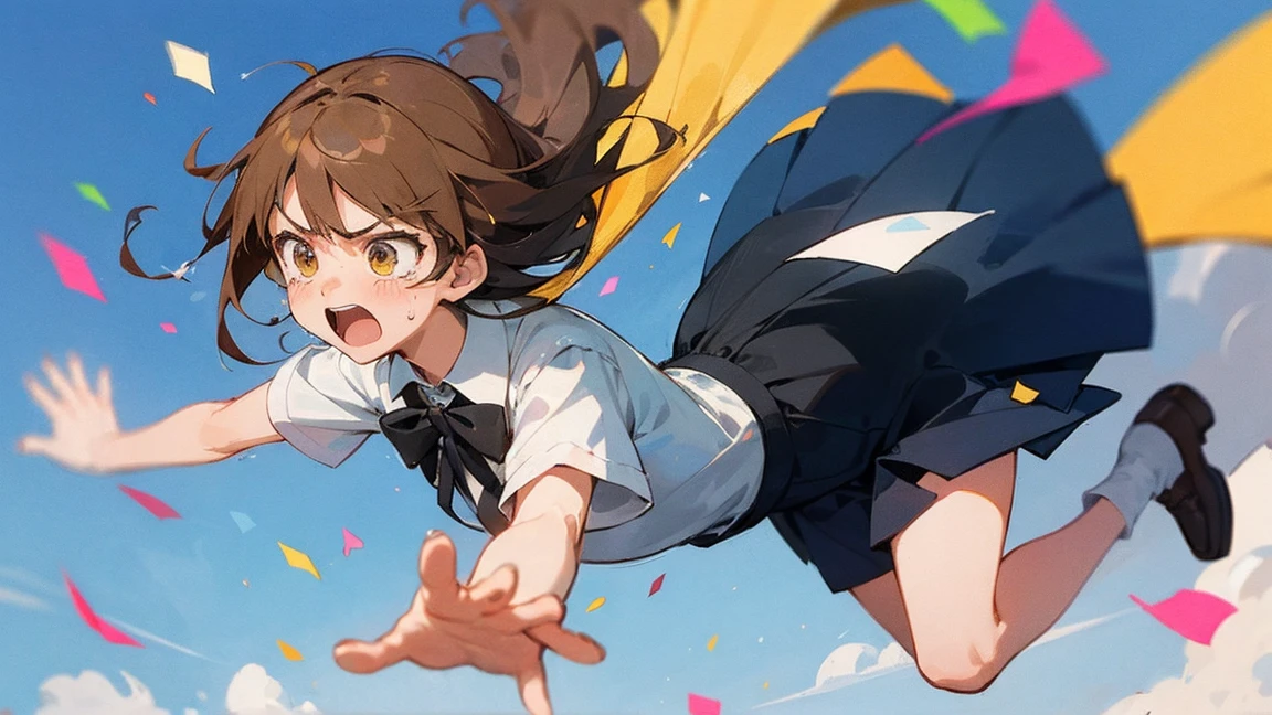 ((Highest quality)), ((masterpiece)), ((Very detailed)),Floatingする女の子,Angry expression，floating，Floating，Confetti，Brown Hair,tears,Levitating,Blue sky background,Feet in the air,tears,gravity,Long skirt,loafers,Raise both hands