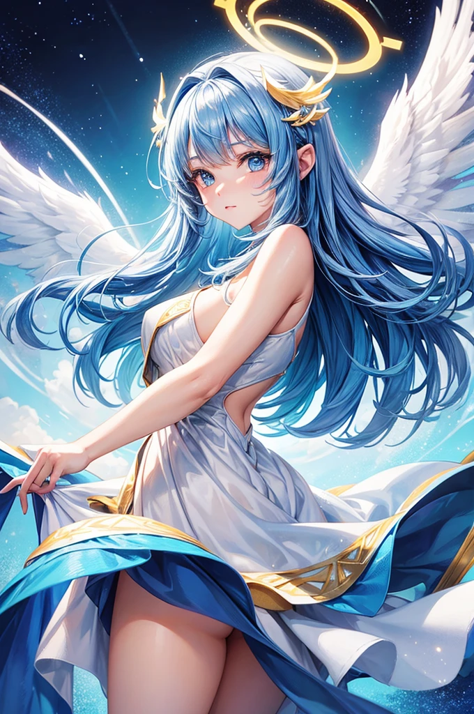 Jessica-Degg, solo, 1girl, angel blue gradient wings, white and gold robes, halo