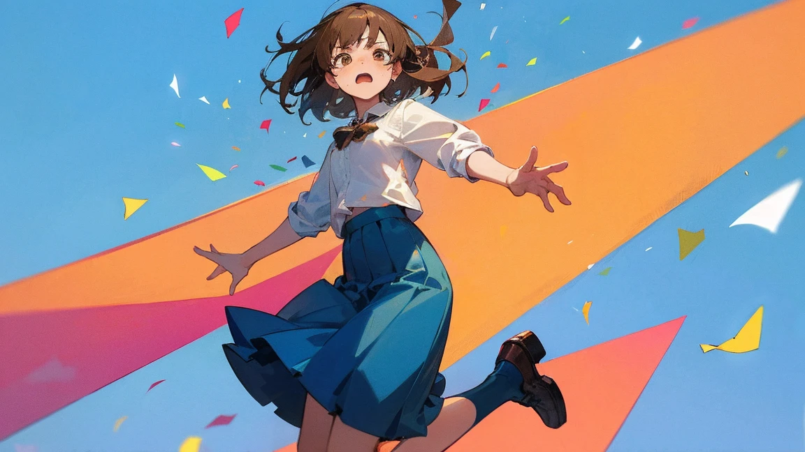 ((Highest quality)), ((masterpiece)), ((Very detailed)),Floatingする女の子,Angry expression,floating,Floating,Confetti,Brown Hair,tears,Levitating,Blue sky background,Feet in the air,tears,gravity,Long skirt,loafers,Raise both hands