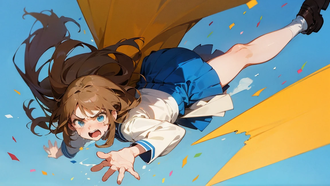 ((Highest quality)), ((masterpiece)), ((Very detailed)),Floatingする女の子,Angry expression,floating,Floating,Confetti,Brown Hair,tears,Levitating,Blue sky background,Feet in the air,tears,gravity,Long skirt,loafers,Raise both hands