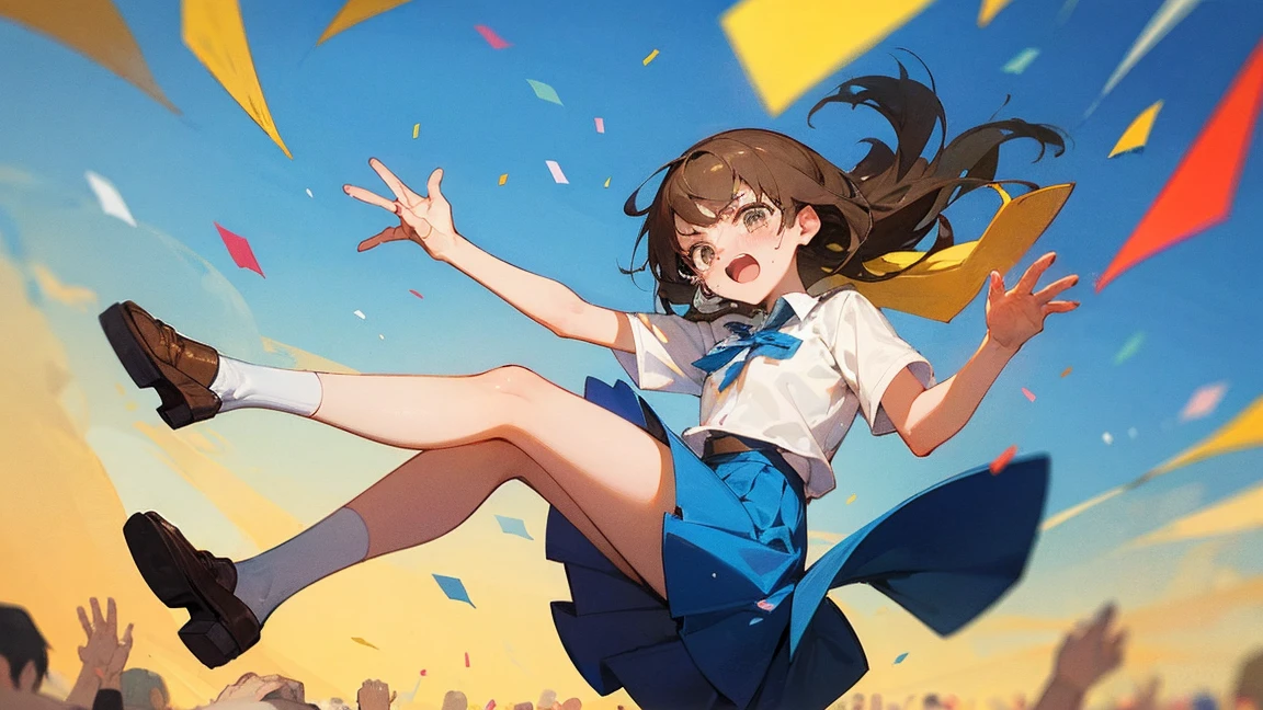 ((Highest quality)), ((masterpiece)), ((Very detailed)),Floatingする女の子,Angry expression，floating，Floating，Confetti，Brown Hair,tears,Levitating,Blue sky background,Feet in the air,tears,gravity,Long skirt,loafers,Raise both hands