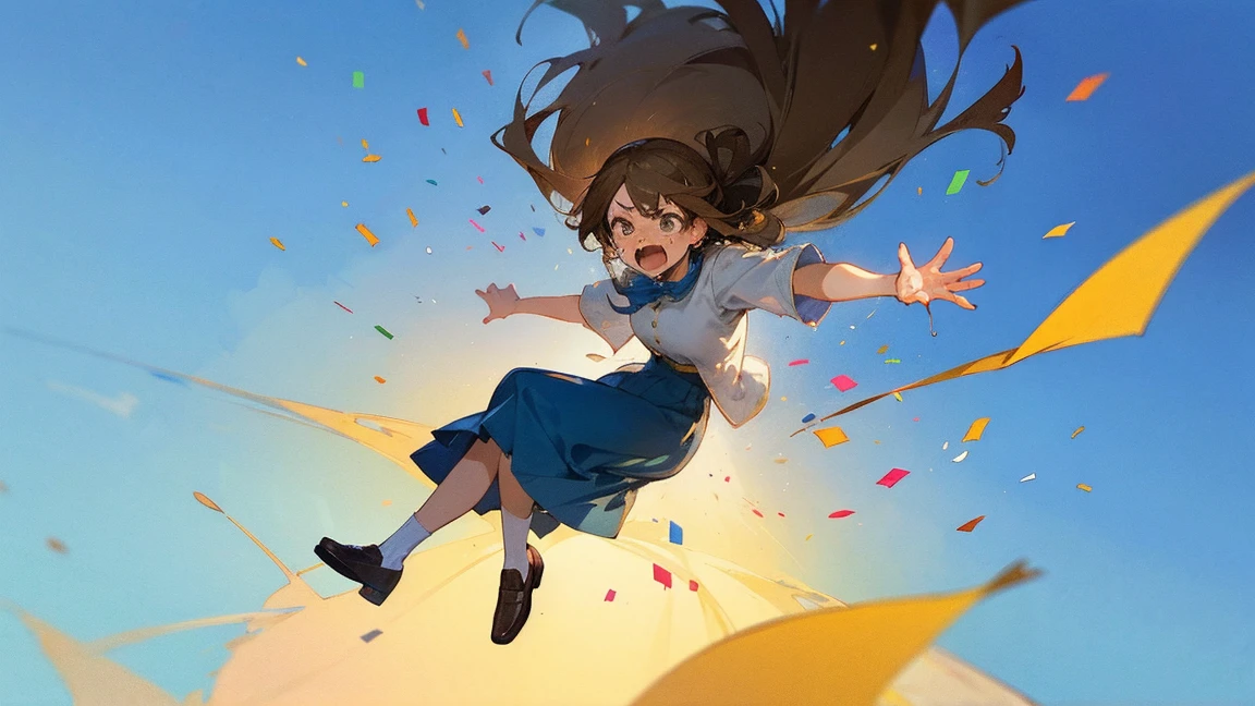 ((Highest quality)), ((masterpiece)), ((Very detailed)),Floatingする女の子,Angry expression,floating,Floating,Confetti,Brown Hair,tears,Levitating,Blue sky background,Feet in the air,tears,gravity,Long skirt,loafers,Raise both hands