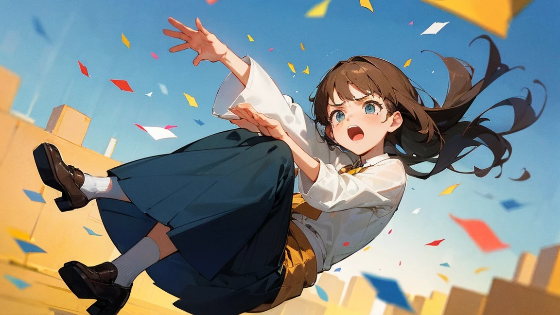 ((Highest quality)), ((masterpiece)), ((Very detailed)),Floatingする女の子,Angry expression，floating，Floating，Confetti，Brown Hair,tears,Levitating,Blue sky background,Feet in the air,tears,gravity,Long skirt,loafers,Raise both hands