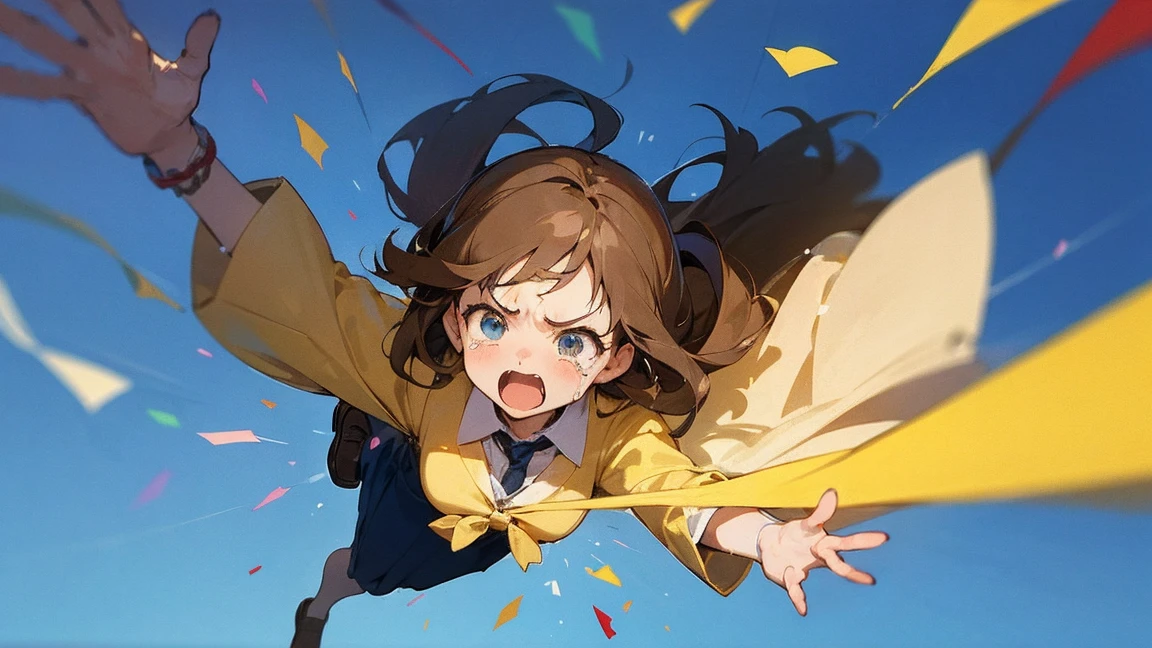 ((Highest quality)), ((masterpiece)), ((Very detailed)),Floatingする女の子,Angry expression，floating，Floating，Confetti，Brown Hair,tears,Levitating,Blue sky background,Feet in the air,tears,gravity,Long skirt,loafers,Raise both hands