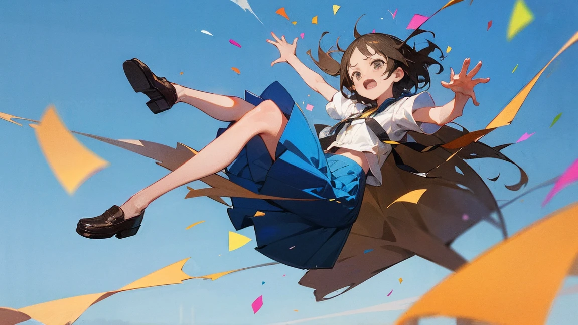 ((Highest quality)), ((masterpiece)), ((Very detailed)),Floatingする女の子,Angry expression,floating,Floating,Confetti,Brown Hair,tears,Levitating,Blue sky background,Feet in the air,tears,gravity,Long skirt,loafers,Raise both hands