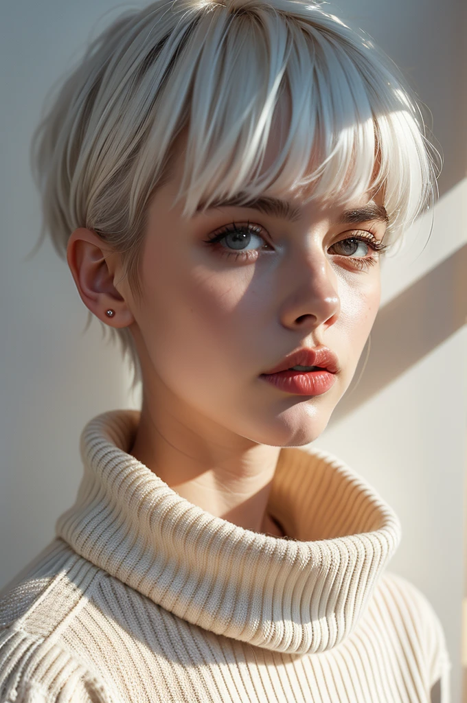 Instagram Photos, French woman, 21 years old, square hair cut,White hair, Close-up portrait, sweater, Neckline, pale, Sharp Shadow