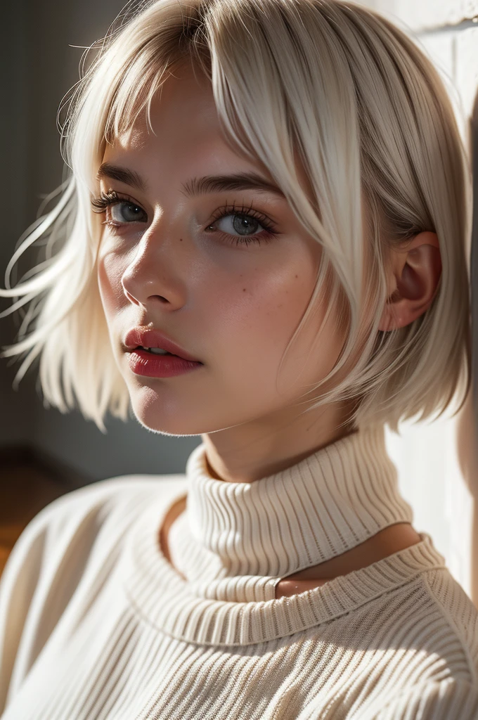 Instagram Photos, French woman, 21 years old, square hair cut,White hair, Close-up portrait, sweater, Neckline, pale, Sharp Shadow