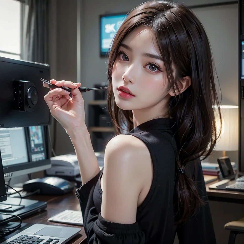 ((top quality, 8K, masterpiece: 1.3)), 1 woman, Cyberpunk Japanese Adult Female, Naomi Sasaki, office attire, employee, detailed eyes, Detailed nose, Detailed lips, brown hair, upper body, ass pov