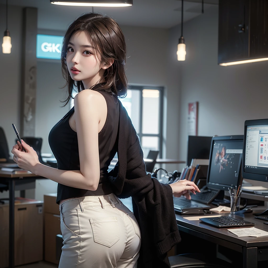 ((top quality, 8K, masterpiece: 1.3)), 1 woman, Cyberpunk Japanese Adult Female, Naomi Sasaki, office attire, employee, detailed eyes, Detailed nose, Detailed lips, brown hair, upper body, ass pov