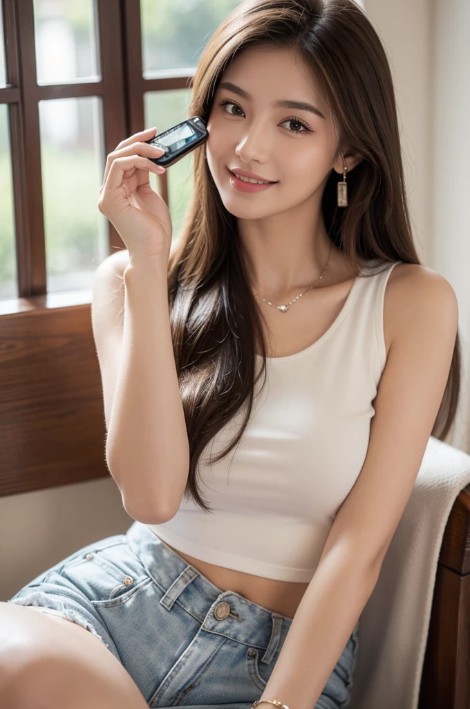 (masterpiece, Highest quality, Super detailed, High resolution, 4K),(Beautiful attention to detail),(Highly detailed face),(One girl),High resolution,Long Hair, Shorts, Telephone, Brown eyes, Brown Hair, cellTelephone, bracelet, Tank top, jewelry, clock, lips, Focus Only, Manicure, Blurred background, smile, wristclock, Realistic, Blurred, View your viewers