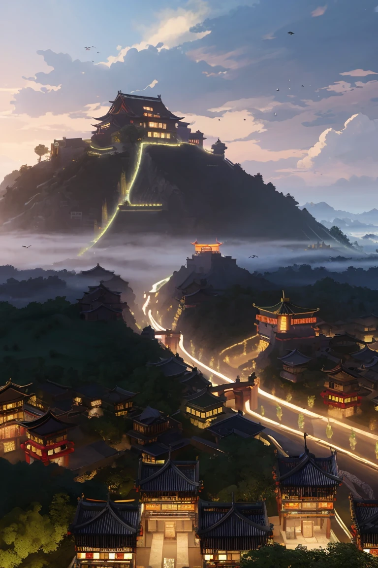1,girl, arafed view of a village with a lot of lights on the buildings,Color (Fantasy: 1.2), (cyberpunk chinese ancient castle,), (irregular red building floating on the cloud), patchwork cottages, flower decorations, lights, chinese city, (sky city), ross tran, light shafts, realistic lighting, masterpiece, high quality, beautiful graphics, high detail, masterpiece, high quality, beautiful graphics, high detail, , flying birds in the sky, unreal engine 5, 