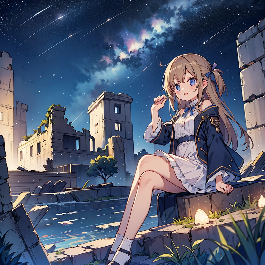 girl、Night Sky、shooting star、ruins、Sitting、