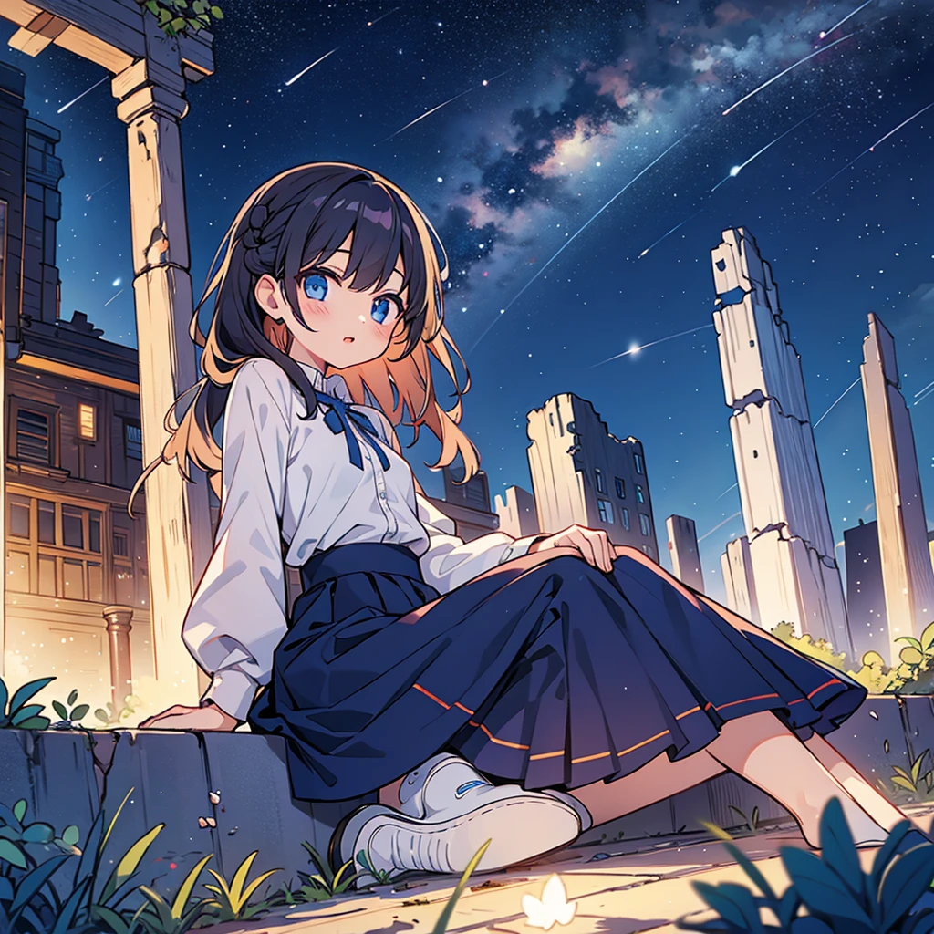 girl、Night Sky、shooting star、ruins、Sitting、