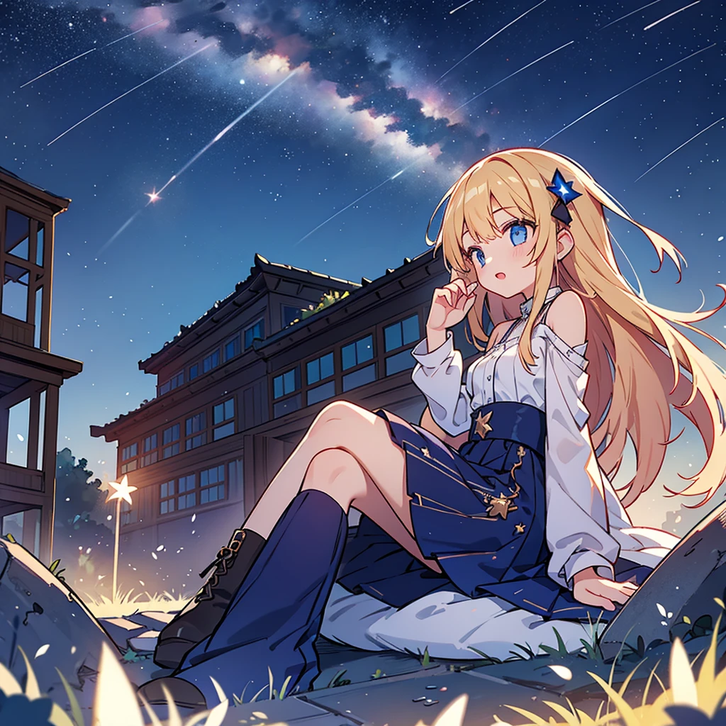 girl、Night Sky、shooting star、ruins、Sitting、