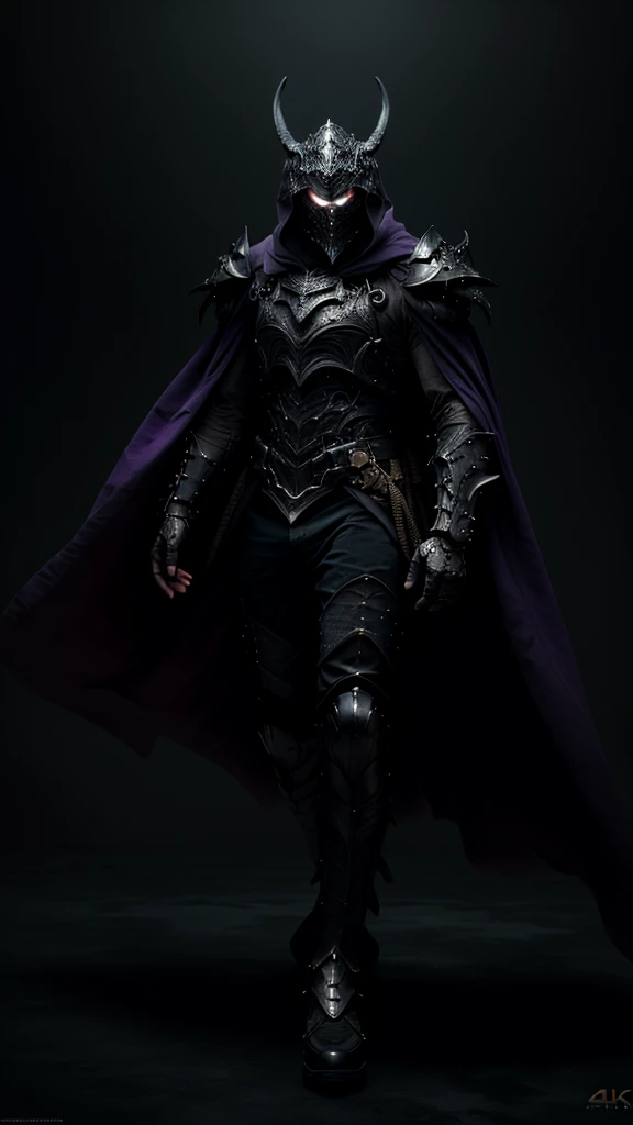 a humanoid, (purple long cloak) ,(black armour), cinematic lighting, full body, long cloak, black wings, ambient lighting, (best quality,4k,8k,highres,masterpiece:1.2),ultra-detailed,(realistic,photorealistic,photo-realistic:1.37),(blue eyes),dramatic composition,intricate details,moody atmosphere,chiaroscuro lighting,dynamic pose,powerful presence, face visible, fearsome