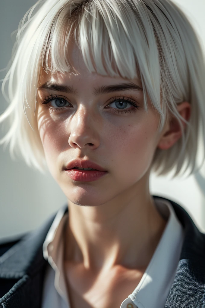 Instagram Photos, French woman, 21 years old, square hair cut,White hair, Close-up portrait, Jacket,shirt, Neckline, pale, Sharp Shadow