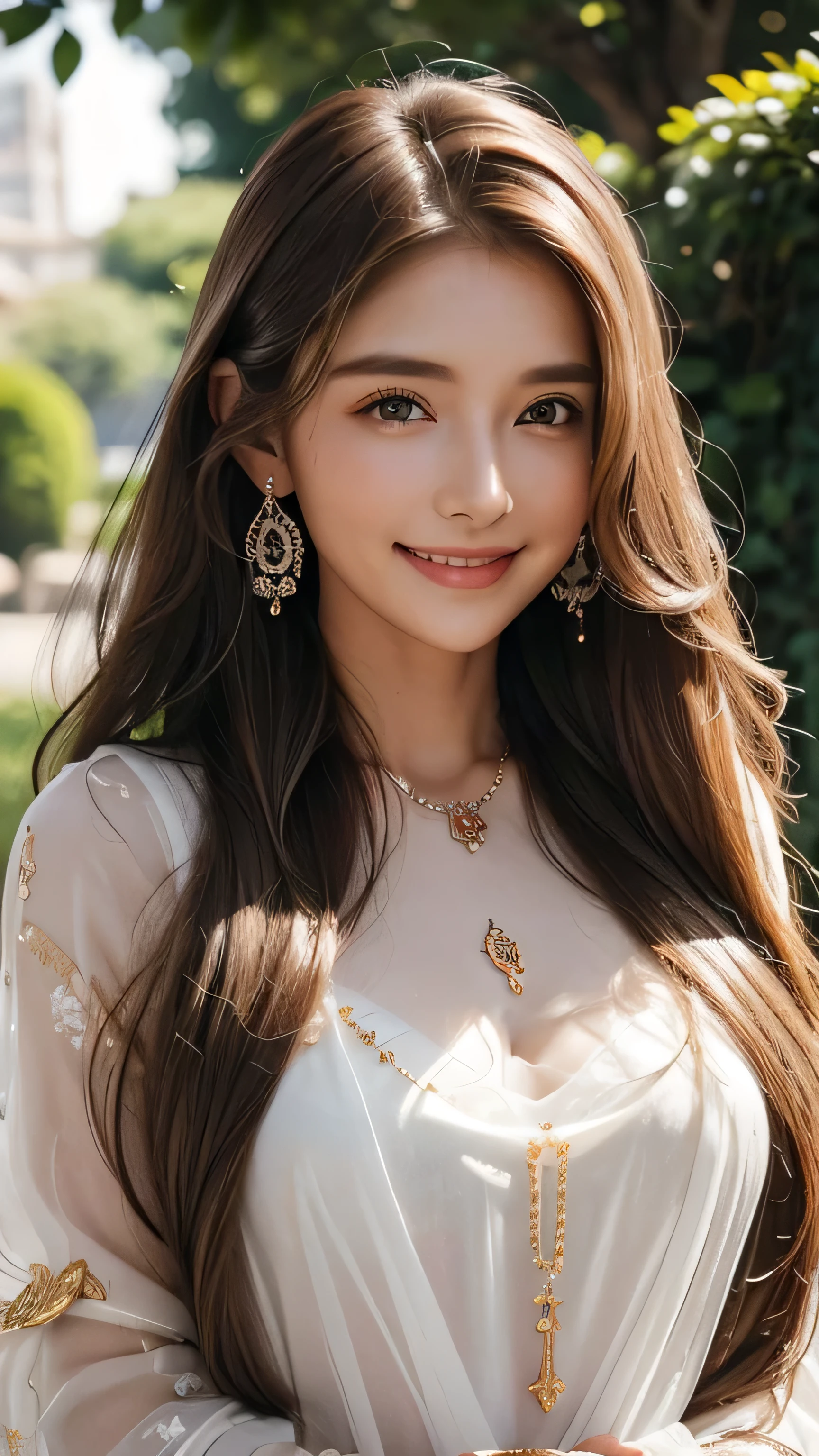 Blonde long-haired woman, Iris, Red Jewelry, Red earrings, moon, Noble, Lady, high quality, Very detailed, Detailed face, masterpiece, city, garden, Flowers, Light,(((Upper body portrait))),Super long brown hair,Hair with loose waves inside,Long hair_Hair reaching down to the waist、gold necklace_Large earrings、((A shy smile:1.3)),wearing Floral blouse with ribbon tie_long see-through sleeves、standing gracefully、full figure supermodel standing, entire body in frame、