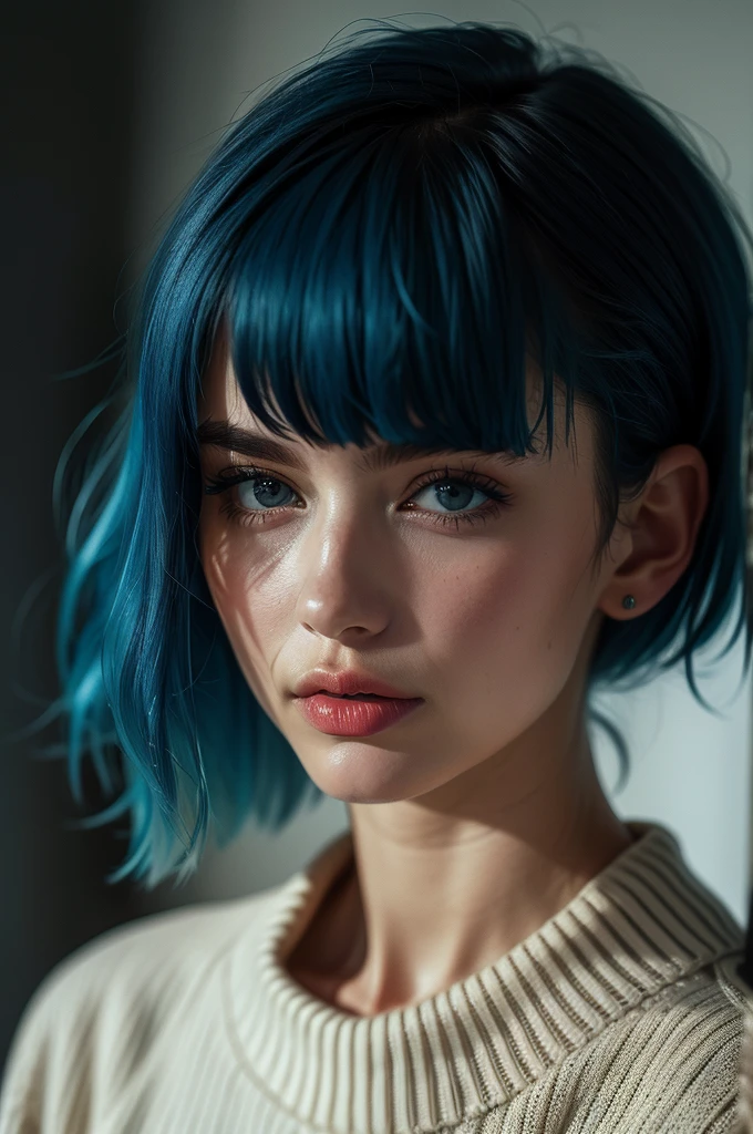 Instagram Photos, French woman, 21 years old, square hair cut,Blue hair, Close-up portrait, sweater, Neckline, pale, Sharp Shadow