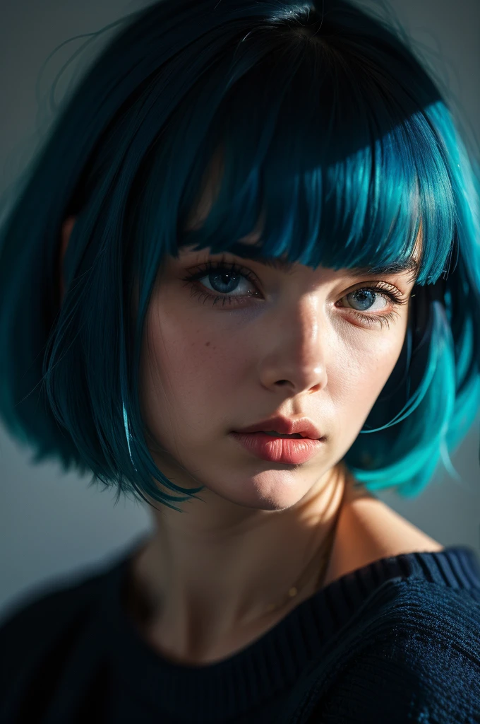 Instagram Photos, French woman, 21 years old, square hair cut,Blue hair, Close-up portrait, sweater, Neckline, pale, Sharp Shadow