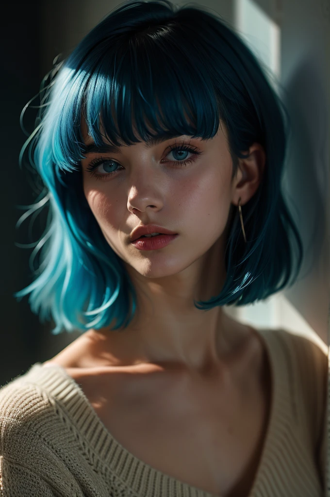 Instagram Photos, French woman, 21 years old, square hair cut,Blue hair, Close-up portrait, sweater, Neckline, pale, Sharp Shadow