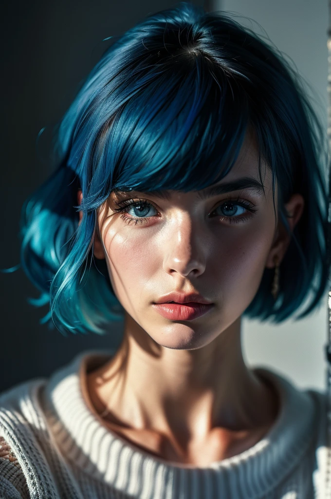 Instagram Photos, French woman, 21 years old, square hair cut,Blue hair, Close-up portrait, sweater, Neckline, pale, Sharp Shadow
