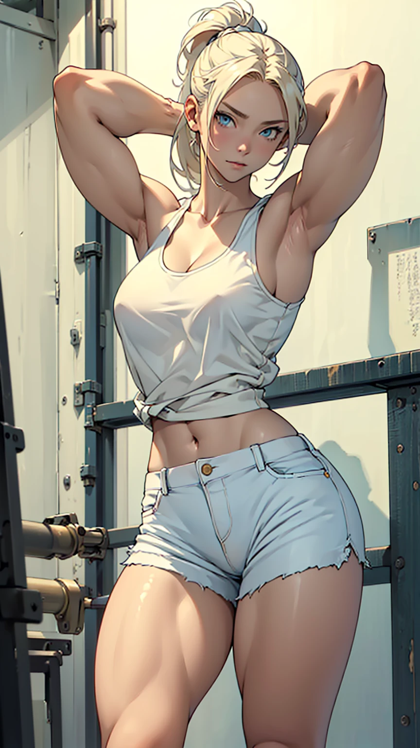 hand drawn art, Conceptual Art, Detailed sketch, Sketches, Manga art style, A young woman with French features, White tank top, White shorts, Long, thick, dark golden hair styled in a ponytail, blue eyes, Lean, strong, toned muscles, Standing in a lewd, sensual pose with arms behind her head、Short torso、A triumphant look、(((着古したボロボロのWhite shorts))),、(((White shortsを穴だらけにする))),、See-through、(((White shortsのチャックを開く))),、(((Clear white skin))),、Natural light、Photorealistic perfect body, Perfect body with realistic shadows, Perfect face with realistic shadows、Highest quality、masterpiece、Edgy Lines、Ultra-high resolution、Physical Beauty、Wide Hips、Big Ass、((Thick and strong muscular thighs))、((Stand with your legs spread wide))Realistic and large breasts、(The depth of the written boundary, f/1.2:1.45),Great quality, Beautiful details, Very detailed, Ultra-fine, 16K, Exquisite, Absurd,((masterpiece)),(((Highest quality))),Big Breasts、(((White shortsだけもっとボロボロにする))),、(((White shortsだけボロ布のように破く)))、(((Thin and long arms))),Anatomically correct、、