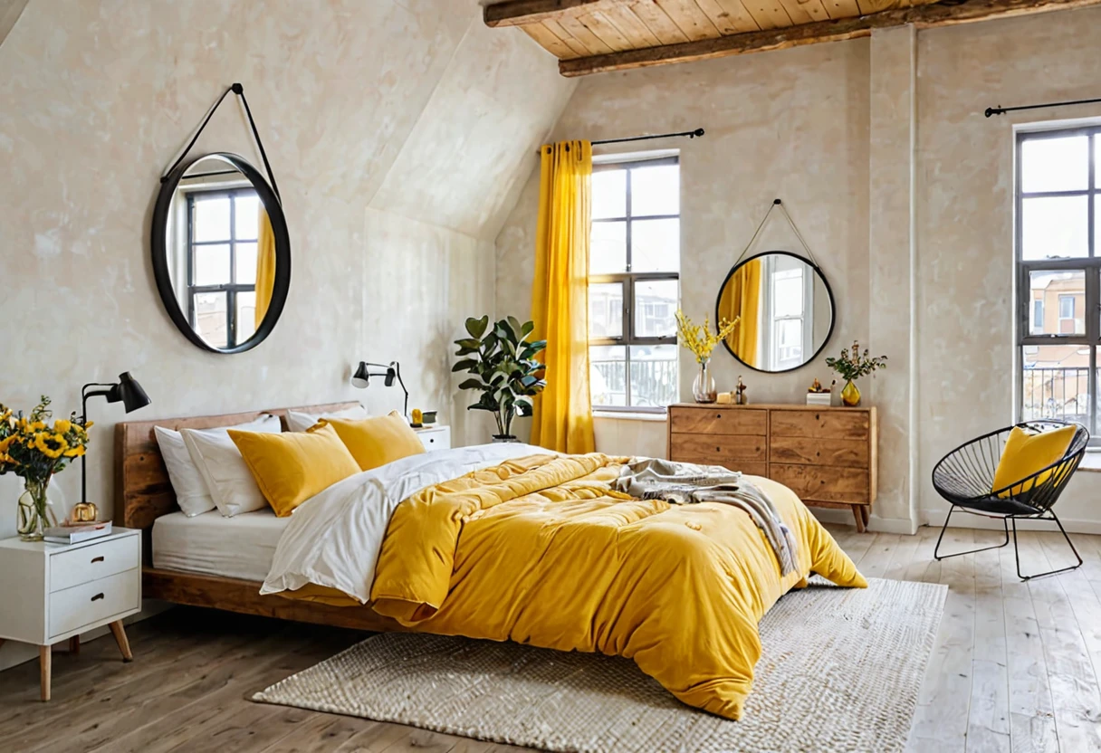 there is a bed with a yellow comforter and a chair in a room, round mirror on the wall, bedroom interior, natural light in room, interior of room, picture of a loft in morning, warm interior, stylish decor, inside of a bedroom, bright daylight indoor photo, an interior of room, brightly lit room, bedroom background, personal room background