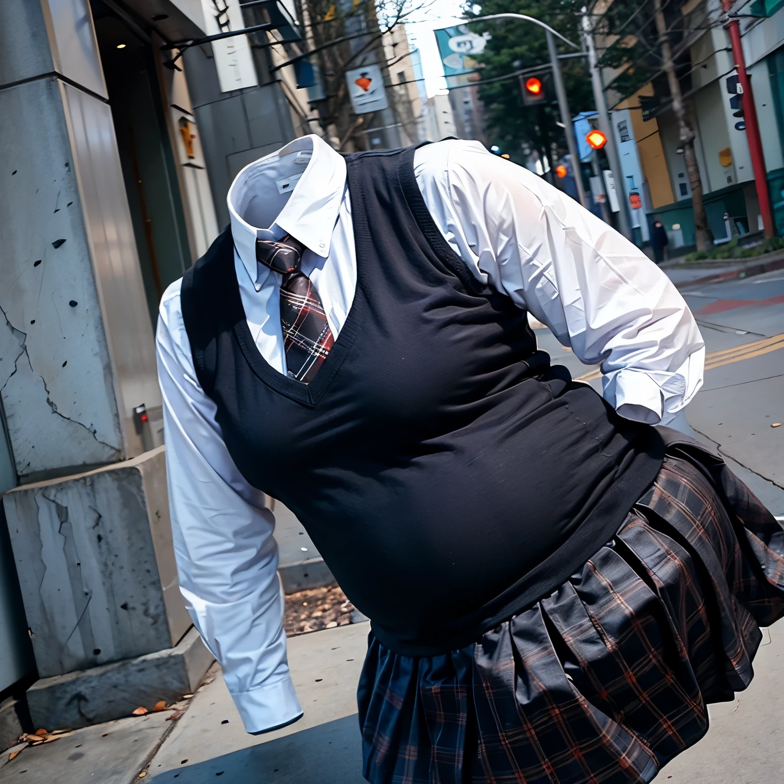 leaning forward, school blouse, sweater vest, stripe tie, plaid skirt, ((fat, chubby)), (invisible, no human, headless, handless:1.5)