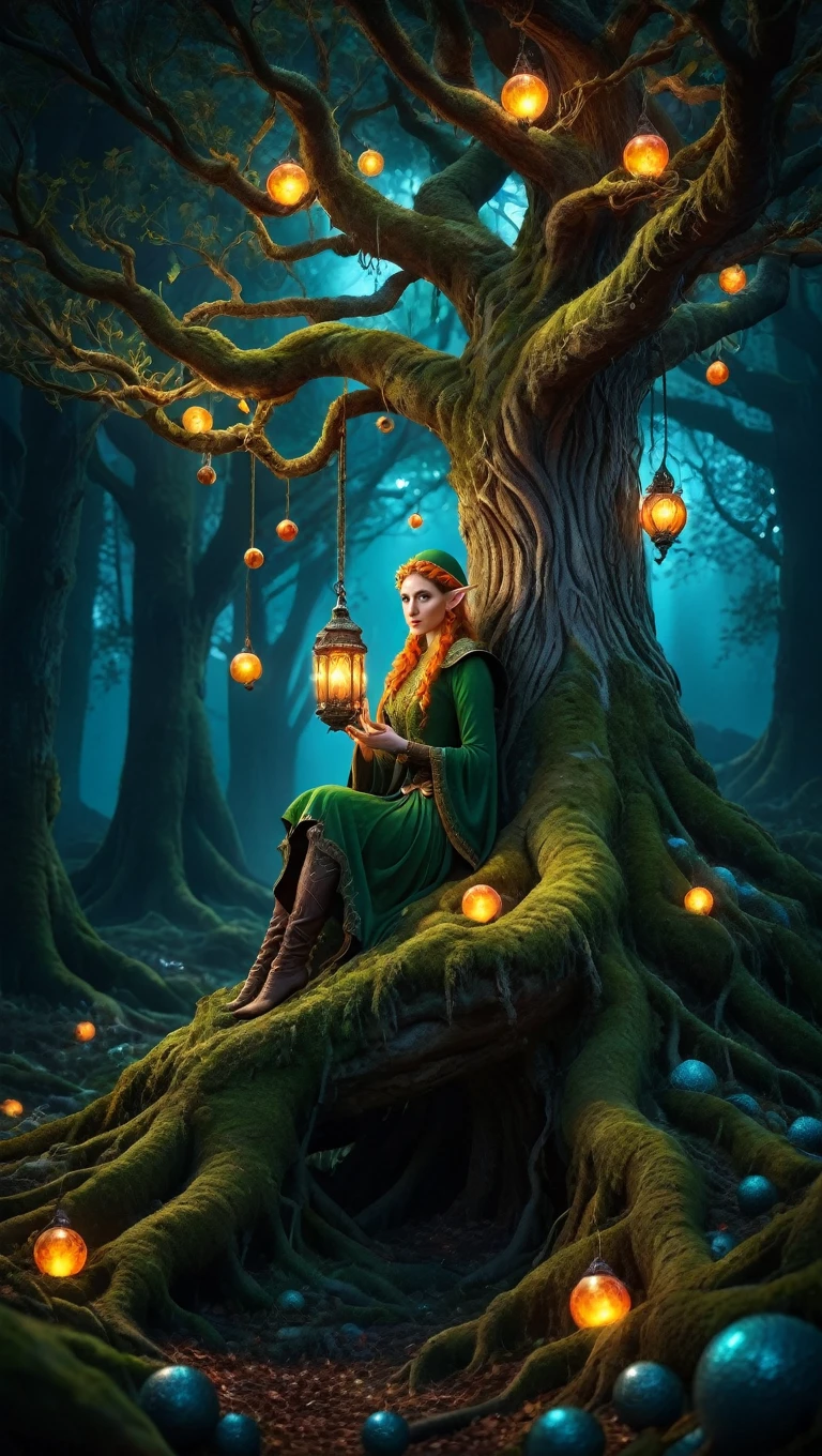 (beautiful elf:1.5), Award-winning photography by yggdrasil, beautiful, In a magical forest, (Night in the dark:1.2), Moss at the roots, (Colorful glowing balls hanging on the tree: 1.3), Intricate details, realism, Extremely sharp, 超realism, On every branch hangs a large glowing lantern