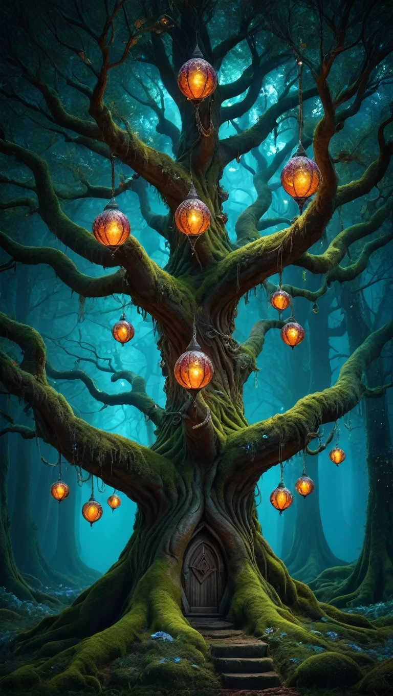 (beautiful elf:1.5), Award-winning photography by yggdrasil, beautiful, In a magical forest, (Night in the dark:1.2), Moss at the roots, (Colorful glowing balls hanging on the tree: 1.3), Intricate details, realism, Extremely sharp, 超realism, On every branch hangs a large glowing lantern