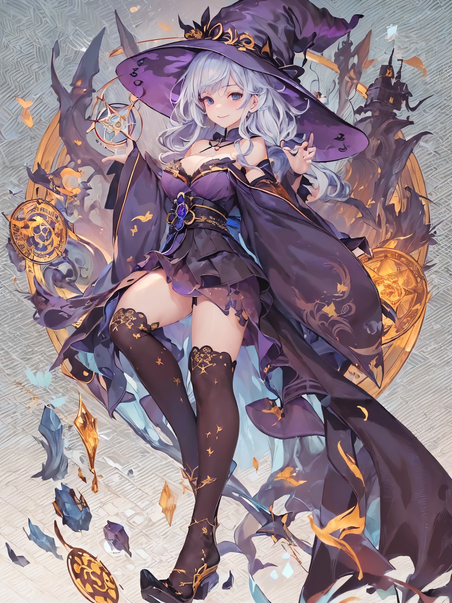 ((Highest quality)),(Ultra-high resolution),(Ultra-detailed new),(Detailed Description),((The best CG)),(masterpiece),Highly detailed art,A wonderful new art form,(Art with precise details:1.5), (witch:1.8),(緻密で詳細に描写されたwitch服:1.7),(High leg:1.6),(smile:1.4),(Side boob:1.9),(精巧に作り込まれたwitchの杖:1.6, crystal:1.6), (Frozen Magic Circle:1.7),Overwhelming destructive power:1.5,