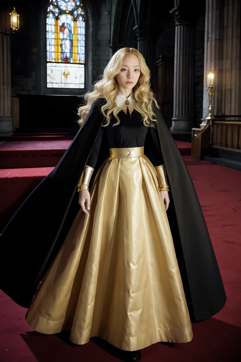 1girl, dark soul, dim light, old church, mature female, slim, tall, long blonde curly hair, long black cape, red leotardy long skirt, long skirt with diamond, gold bracelet, 8k, Official style, European aristocracy,