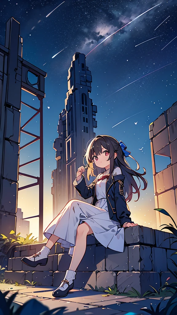 girl、Night Sky、shooting star、ruins、Sitting、