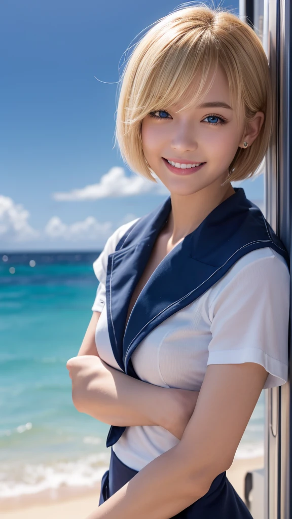 {{masterpiece, Highest quality, Highly detailed CG, unity 8k wallpaper, Cinema Lighting, }}, Sony a7, Wide Frame, South Pacific, During the war with Asian countries, Winds blowing on the Aegis ship, 1 Girl, whole body, smile, She is a US Navy sailor., White people, 20-year-old, smile, Blonde, Short Bob, blue eyes , Long eyelashes ,