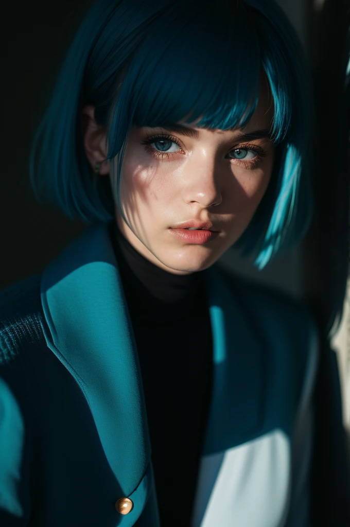 Instagram Photos, French woman, 21 years old, square hair cut,Blue hair, Close-up portrait, Jacket,shirt, Neckline, pale, Sharp Shadow