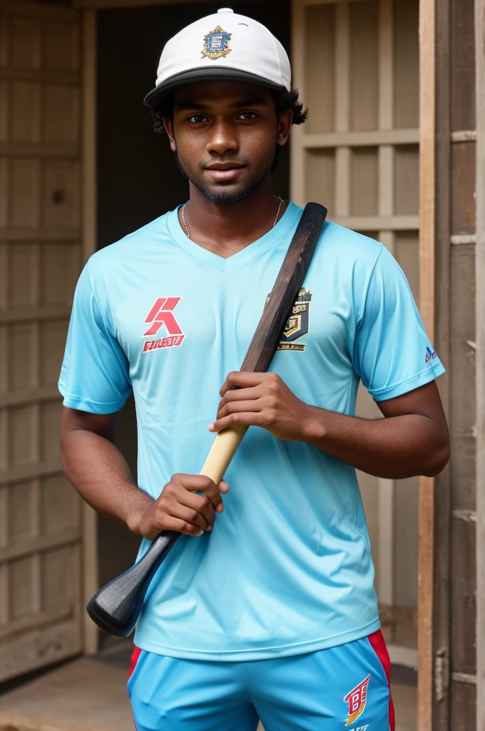A cricketer boy is standing holding a bat in his hand and he is wearing a T-shirt and cap