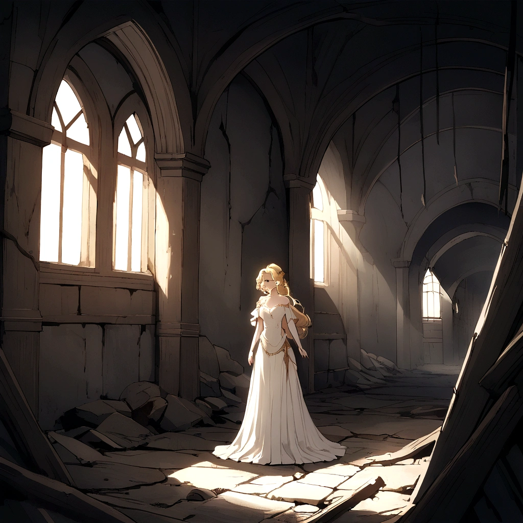 Sirnthe ghost of a blonde princess, 20 years old, wearing a white dress. her beauty is combined with the horror of the wounds on her face and body. he was standing in an abandoned castle. terrible atmosphere.