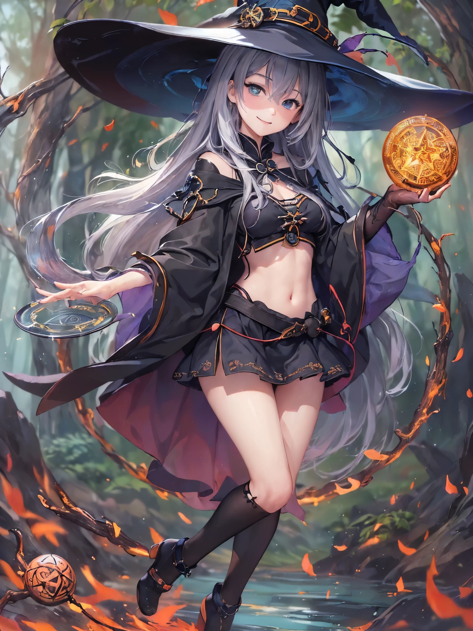((Highest quality)),(Ultra-high resolution),(Ultra-detailed new),(Detailed Description),((The best CG)),(masterpiece),Highly detailed art,A wonderful new art form,(Art with precise details:1.5), (witch:1.8),(緻密で詳細に描写されたwitch服:1.7),(High leg:1.6),(smile:1.4),(Side boob:1.9),(精巧に作り込まれたwitchの杖:1.6, crystal:1.6), (Frozen Magic Circle:1.7),Overwhelming destructive power:1.5,