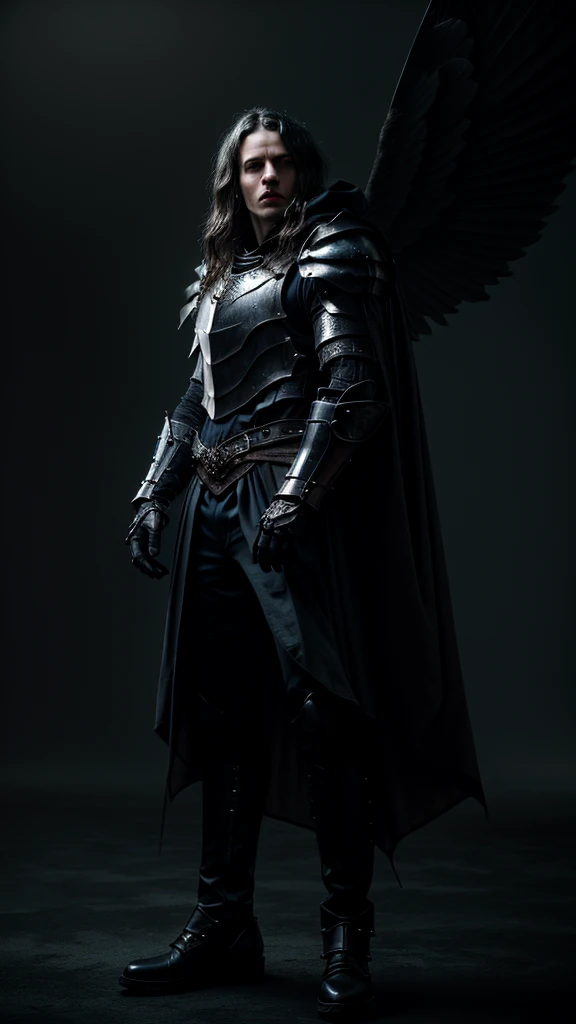 a humanoid, (purple long cloak) ,(black armour), cinematic lighting, full body, long cloak, black wings, ambient lighting, (best quality,4k,8k,highres,masterpiece:1.2),ultra-detailed,(realistic,photorealistic,photo-realistic:1.37),(blue eyes:1.2),dramatic composition,intricate details,moody atmosphere,chiaroscuro lighting,dynamic pose,powerful presence,( face visible:1.2), fearsome
