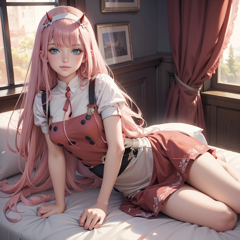 Zero Two, long hair, pink hair, two red horns, long flowing hair, floating hair, ornament hair, bedroom scenery, perfectly body, perfectly hands, dark pink roses, maid, maid style, maid headdress, maid apron, white apron, on bedroom, laying down on the bed, a lake through the window, petals in the air, firefly in the air, centered girl, maid dress, red skirt, skirt whit layers, red shirt, more details on her clothes, dress with transparency, golden details, laying down on the bed, night, smiling, ((4k, masterpiece, top-quality)),8k, best quality, high resolution, UHD, (illustration:0.8), super cute girl, delicate and beautiful face, 1girl, solo, mature girl, super cute hairstyle, (beautiful detailed eyes:1.6), extremely detailed face, perfect lighting, extremely detailed CG, (perfect hands, perfect anatomy), Best quality, cleavage, small skirt, full Body, two arms, two legs, two hands, five fingers