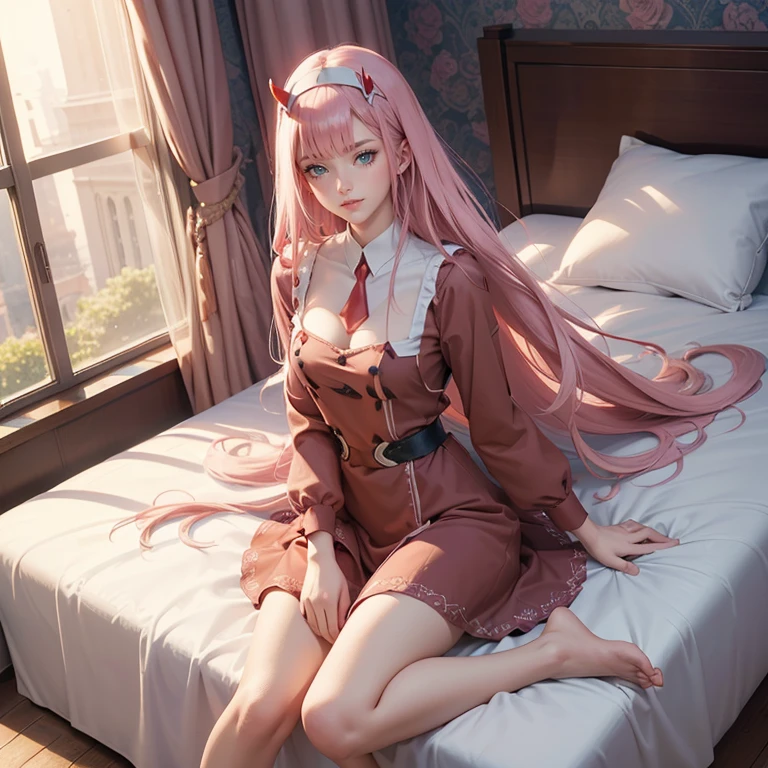 Zero Two, long hair, pink hair, two red horns, long flowing hair, floating hair, ornament hair, bedroom scenery, perfectly body, perfectly hands, dark pink roses, maid, maid style, maid headdress, maid apron, white apron, on bedroom, laying down on the bed, a lake through the window, petals in the air, firefly in the air, centered girl, maid dress, red skirt, skirt whit layers, red shirt, more details on her clothes, dress with transparency, golden details, laying down on the bed, night, smiling, ((4k, masterpiece, top-quality)),8k, best quality, high resolution, UHD, (illustration:0.8), super cute girl, delicate and beautiful face, 1girl, solo, mature girl, super cute hairstyle, (beautiful detailed eyes:1.6), extremely detailed face, perfect lighting, extremely detailed CG, (perfect hands, perfect anatomy), Best quality, cleavage, small skirt, full Body, two arms, two legs, two hands, five fingers