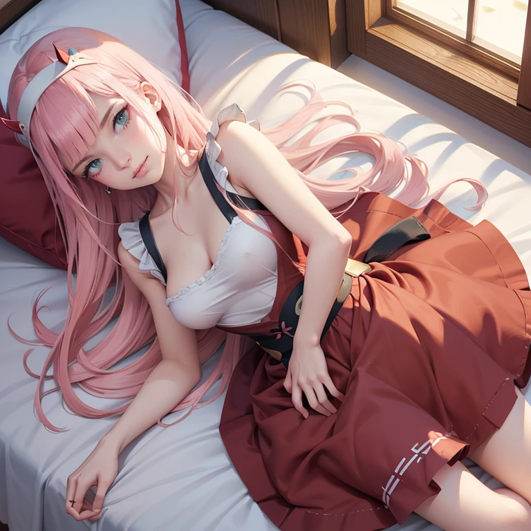 Zero Two, long hair, pink hair, two red horns, long flowing hair, floating hair, ornament hair, bedroom scenery, perfectly body, perfectly hands, dark pink roses, maid, maid style, maid headdress, maid apron, white apron, on bedroom, laying down on the bed, a lake through the window, petals in the air, firefly in the air, centered girl, maid dress, red skirt, skirt whit layers, red shirt, more details on her clothes, dress with transparency, golden details, laying down on the bed, night, smiling, ((4k, masterpiece, top-quality)),8k, best quality, high resolution, UHD, (illustration:0.8), super cute girl, delicate and beautiful face, 1girl, solo, mature girl, super cute hairstyle, (beautiful detailed eyes:1.6), extremely detailed face, perfect lighting, extremely detailed CG, (perfect hands, perfect anatomy), Best quality, cleavage, small skirt, full Body, two arms, two legs, two hands, five fingers