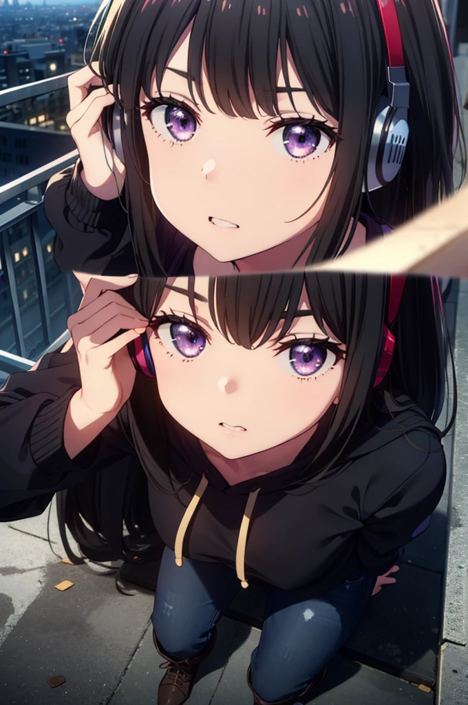 Takiuchikami, Check it out, Long Hair, bangs, Black Hair, (Purple eyes:1.2),Oversized blue hoodie,Wired headphones,jeans,short boots,Sitting on the steps of a building,Hiding in a roofed building,whole bodyがイラストに入るように,rain,cloudy,night,
break outdoors, Building district,
break looking at viewer, whole body,
break (masterpiece:1.2), Highest quality, High resolution, unity 8k wallpaper, (figure:0.8), (Beautiful attention to detail:1.6), Highly detailed face, Perfect lighting, Highly detailed CG, (Perfect hands, Perfect Anatomy),