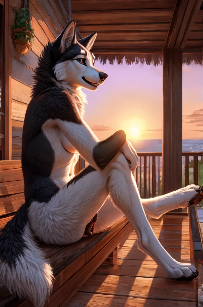 anthro, female husky, slim feminine body, home porch, relaxing, morning, holding coffee, casual nudity, (detailed lighting), fluffy tail, (detailed fur), sun rays, (detailed background), [detailed ambient light], [gray natural lighting], [realistic proportions], [explicit content], [sharp focus], ((masterpiece)), anatomically correct canine pussy, detailed canine pussy, black genitalia, black anus, bright summer day, well lit genitals, presenting anus, long slim legs, surrounded by people, detailed canine pussy, puffy anus, pussy focus, nostalgic style, smiling, , pink areolas, 